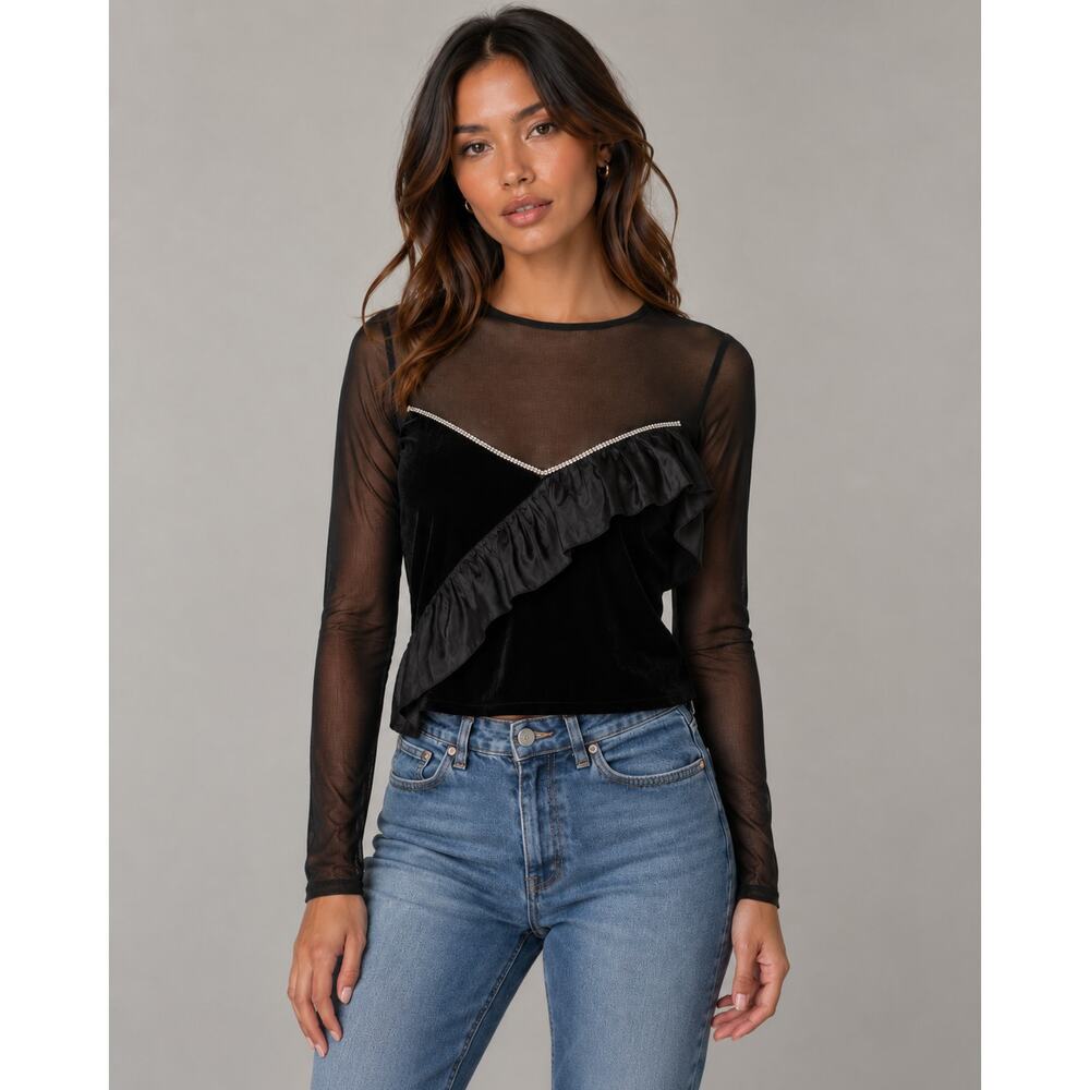 Saylor Dasha Top XS Black Velvet Mesh Rhinestone Ruffle Long Sleeve NWT